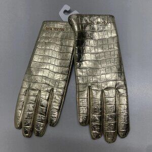 Michael Kors Women's Metallic Crocodile Embossed Leather Gloves – Size M – Gold